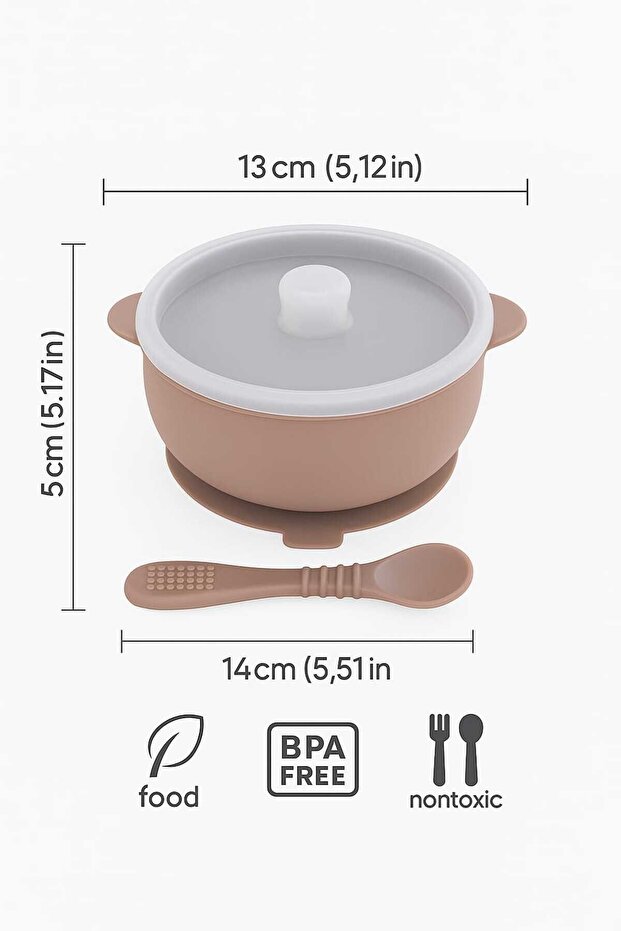 Baby Beige Food Bowl with Lid and Silicone Spoon, 2-Piece Set