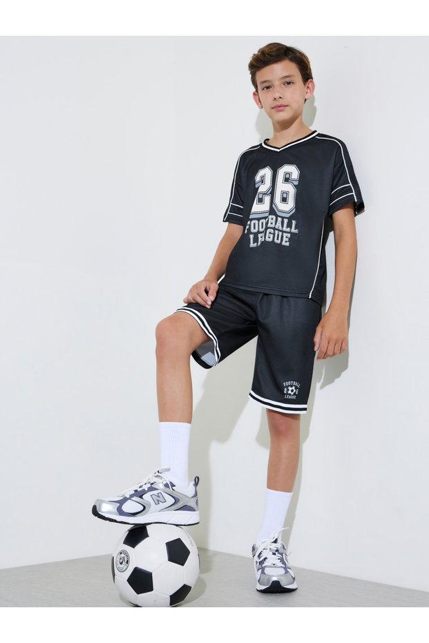 Teen Boys Black Graphic Print Contrast Trims T-Shirt and Shorts Active Set