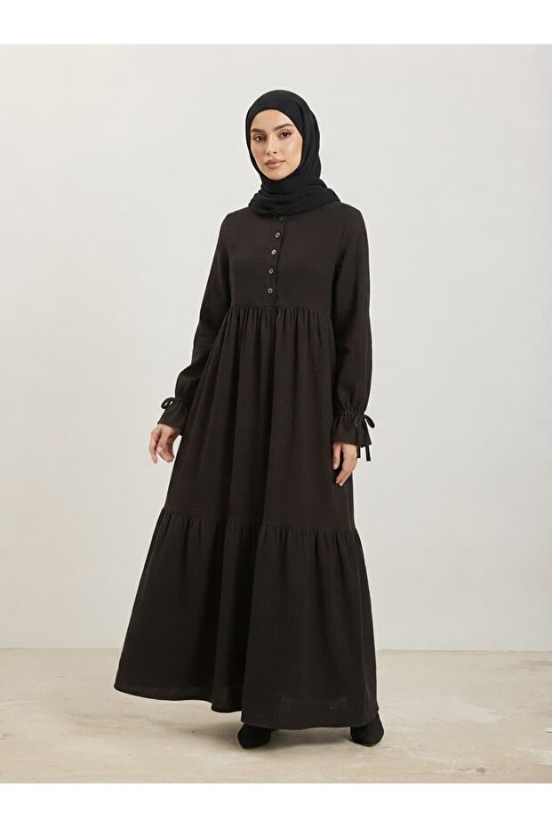 Buttoned Front, Ruffled Sleeves Muslin Dress 150 cm Anka262031