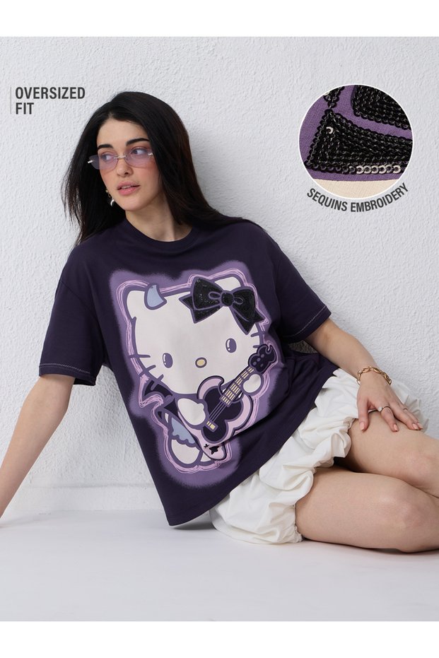 Purple Hello Kitty Graphic Oversized T-Shirt
