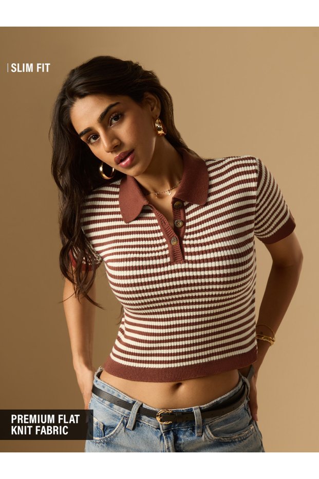 Brown Striped Crop Cotton Knit Polo T-Shirt