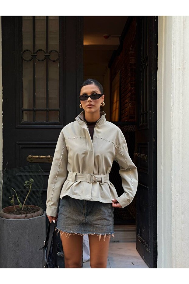 Studded Belted Zippered Trench Jacket