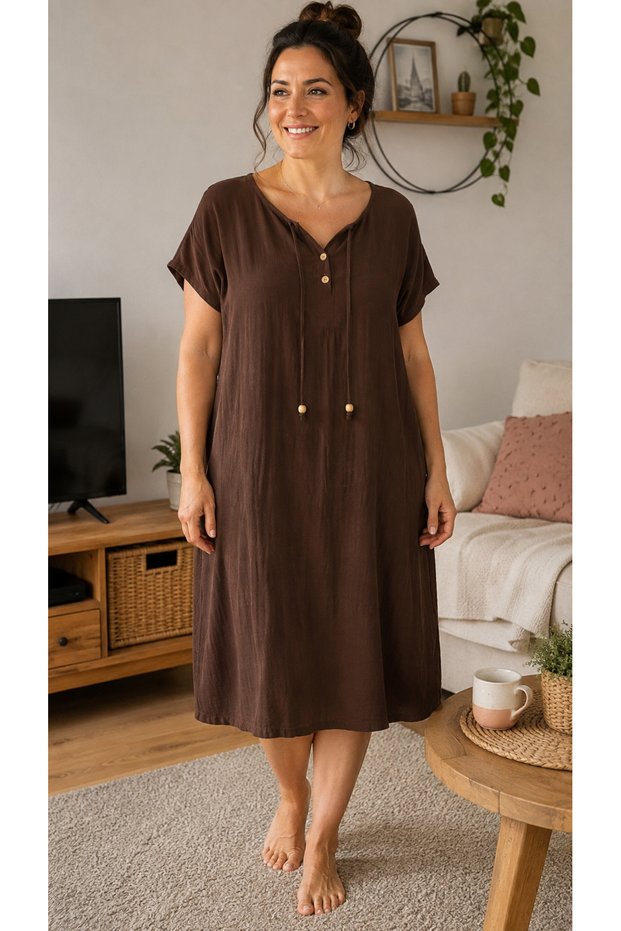 Brown 100% Cotton Muslin Fabric Comfortable Fit Mother's Dress Home Pajamas