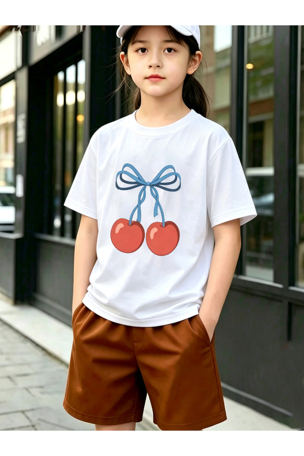 Girls White Cotton Cherry Graphic T-Shirt