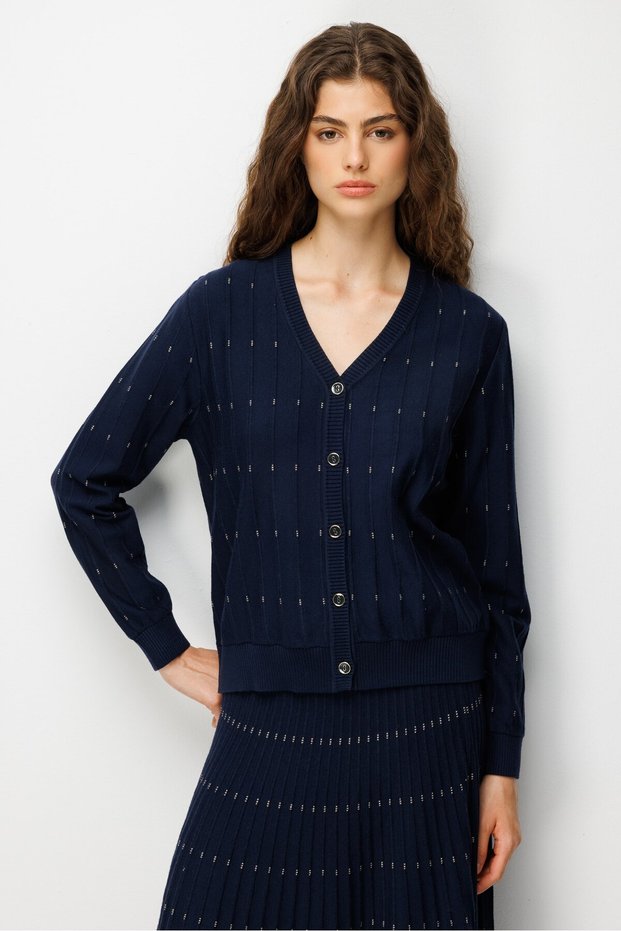 Women's V-Neck Glittery Striped Knitwear Jacket Dark Blue