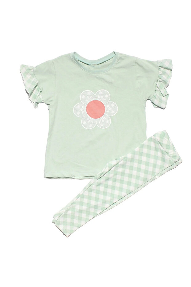Girls' Green Floral Print Ruffled Sleeves Plaid Patterned Leggings 2-Piece Set