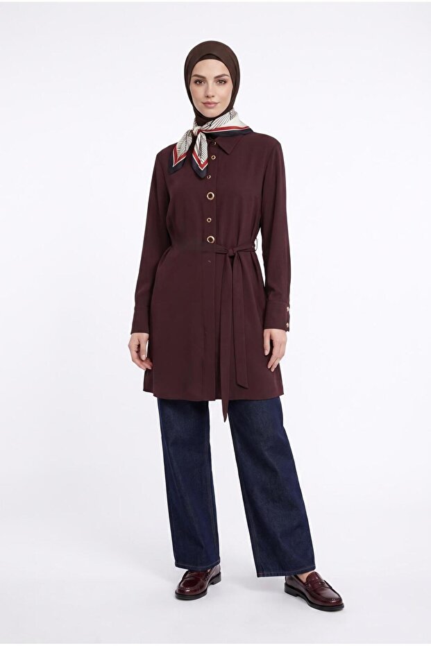 Trendy Viscose Fabric Bird Eye and Belt Detailed Hidden Buttoned Loose Fit Tunic