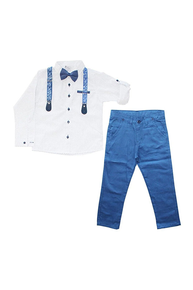 Boy's blue polka dot white shirt and suspender set (2-piece)