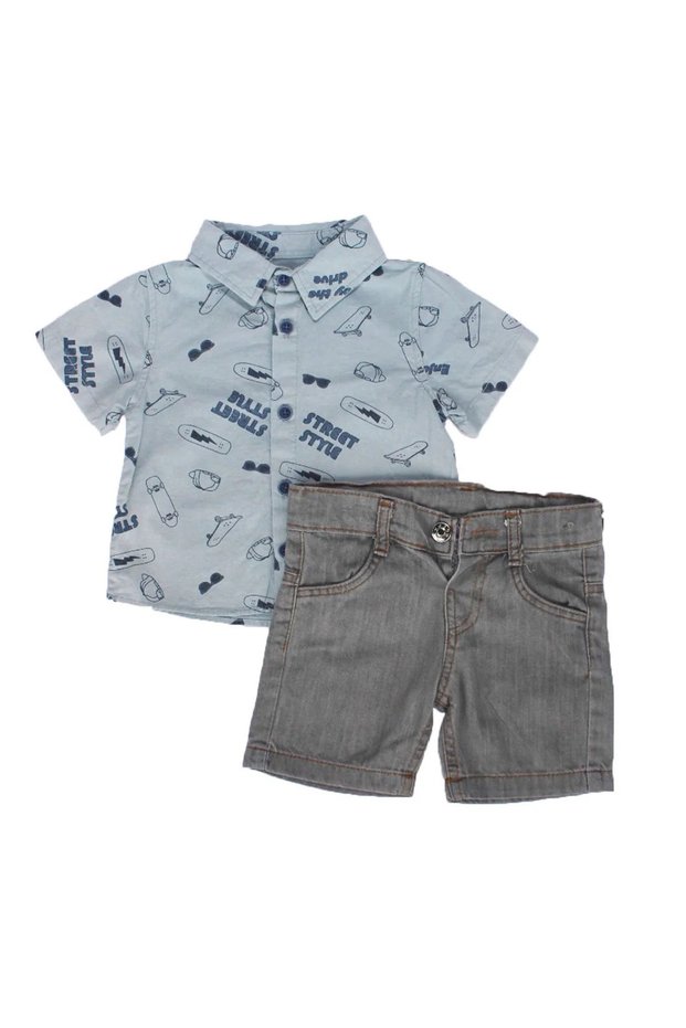 Boys' Green Gray Glasses Skateboard Printed Shirt and Shorts 2-Piece Set