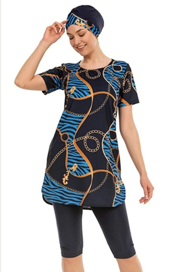 Semi-Closed Swimsuit Lycra Chain Patterned