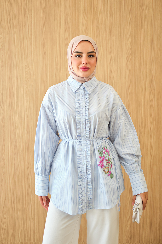 Women's Floral Beaded Embroidered Striped Shirt Blue