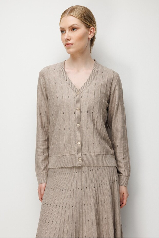 Women's V-Neck Glittery Striped Knitwear Jacket Mink