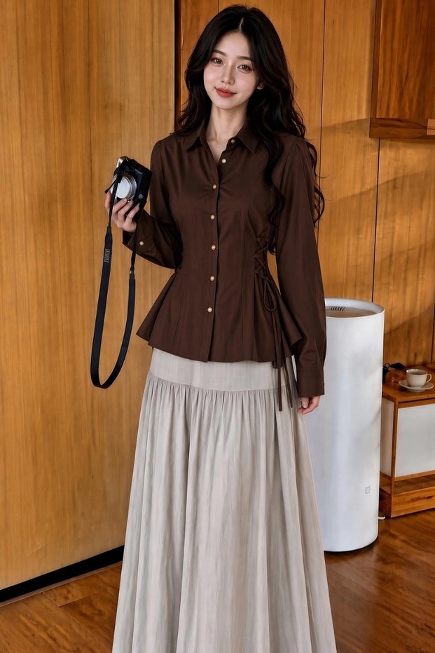 Women's Brown Side-Tie Slim Fit Flounce Long Sleeve Slim Shirt