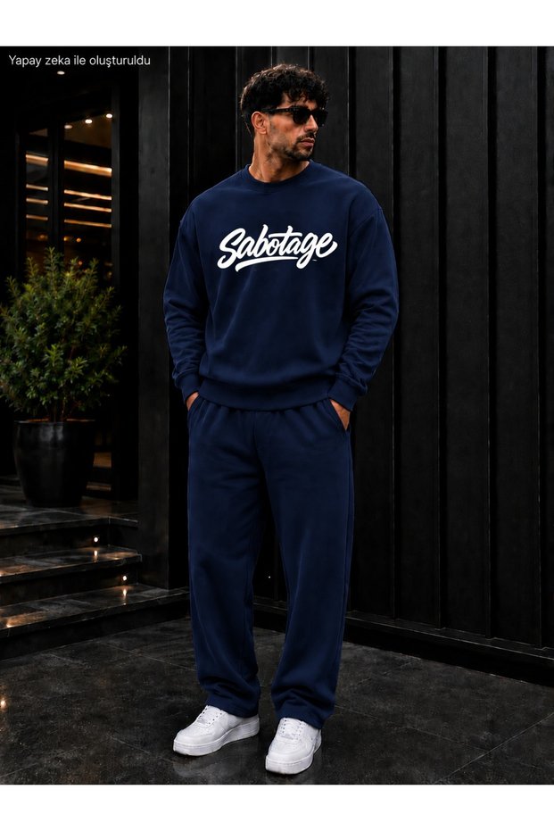 Men's Sabotage Typography Printed Crew Neck Regular Fit Men's Tracksuit Set /Straight Leg Bottom
