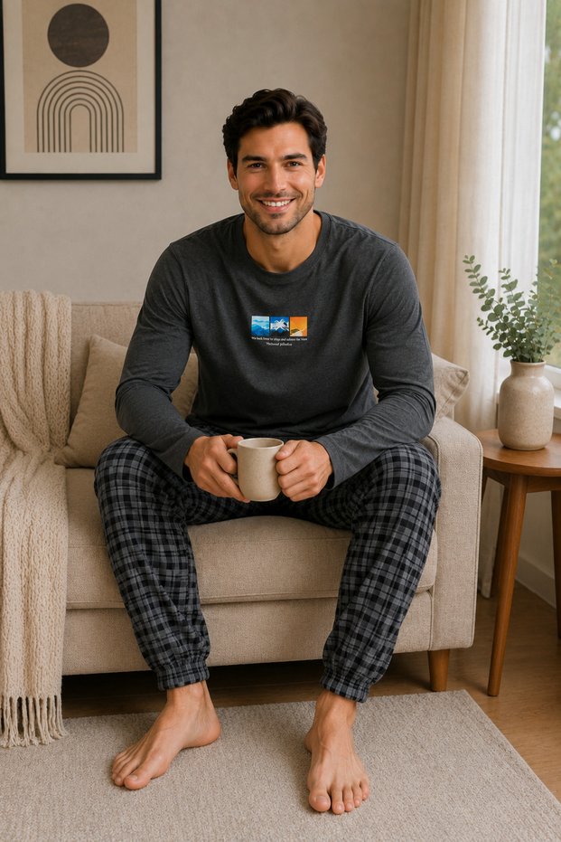 Men's Interlock Long Sleeve Cotton Plaid Bottom Pajama Set