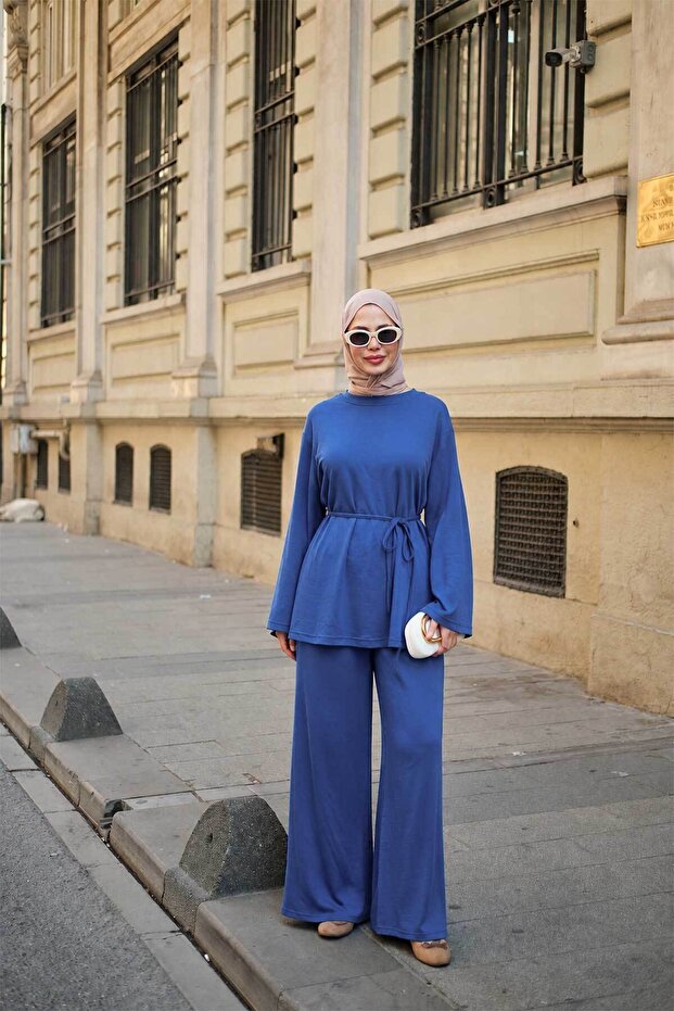 Women's Crew Neck Waist Tie Suit Blue