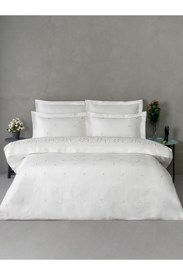 Adore Embroidered Cotton Satin Double Duvet Cover Set 6 Pieces - Cream
