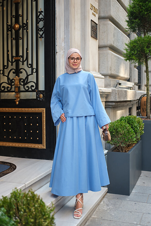Women's Collar Lace Detail Elastic Waist Double Set Blue