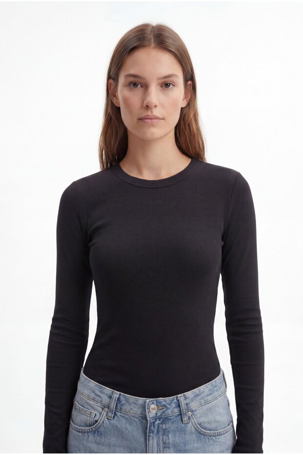 Black Women's Long Sleeve Basic Body Flexible Cotton Slim Fit Casual Blouse