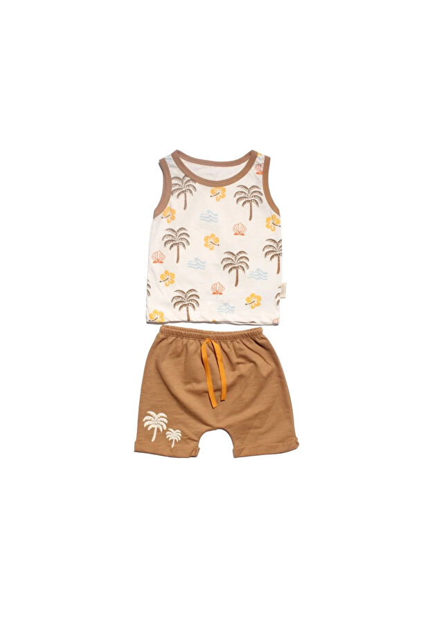 Baby Boy Ecru Brown Palm Tree Patterned Shorts Set of 2