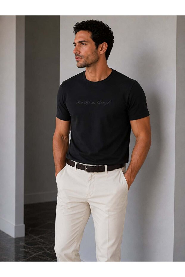 Men's Life Printed Thick Ribbed Crew Neck T-Shirt 4043