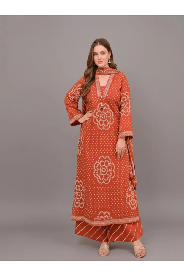 Rust Orange Bandhani Printed Cotton Kurta Set - ALV2119 | Rust Orange-Size:M-38-Inches