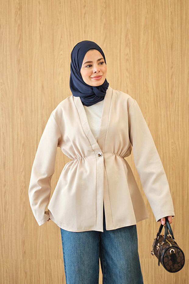 Women's Elastic Waist Button Detail Kimono Cream