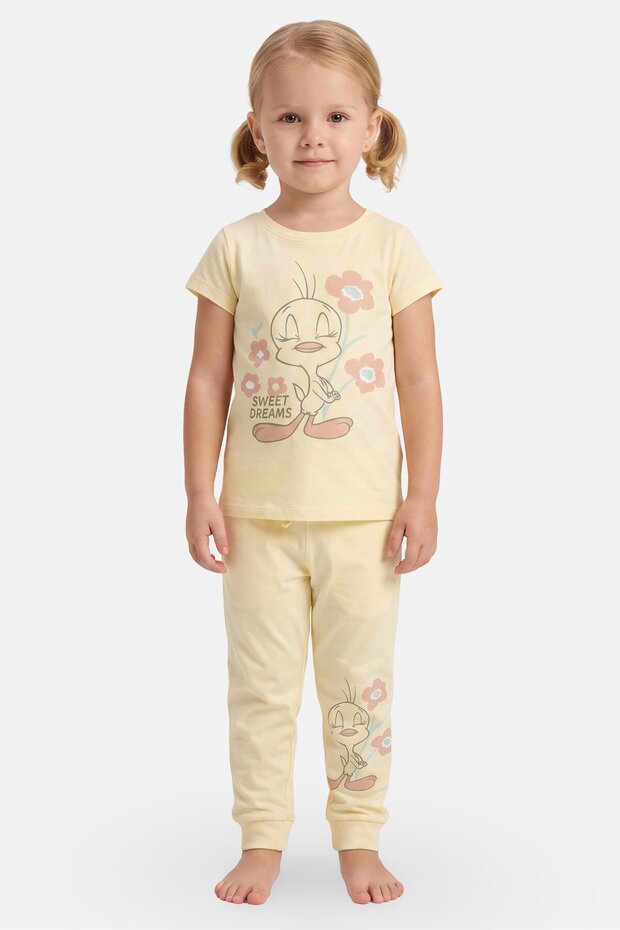 Toddlers Girl 2 Pieces Graphic Print Top And Pants Pyjama Set, Light Yellow