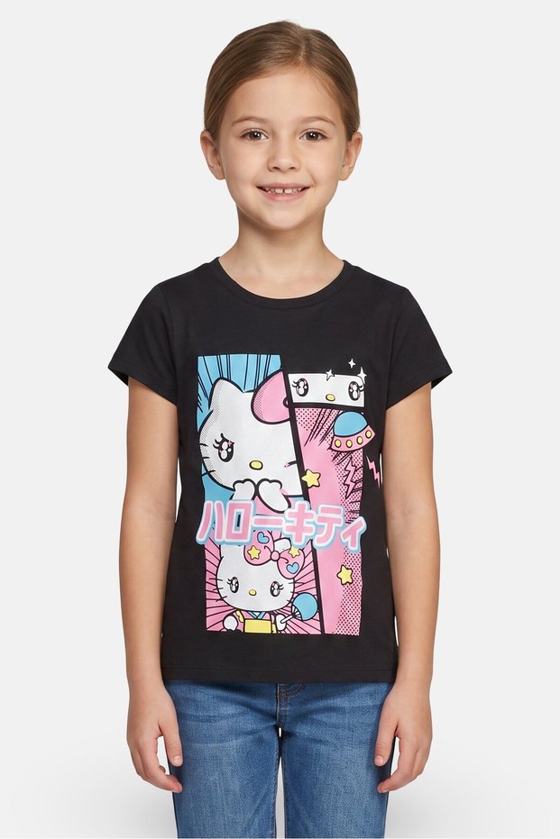 Kids Girl Crew Neck Short Sleeve Hello Kitty Print T-Shirt, Black
