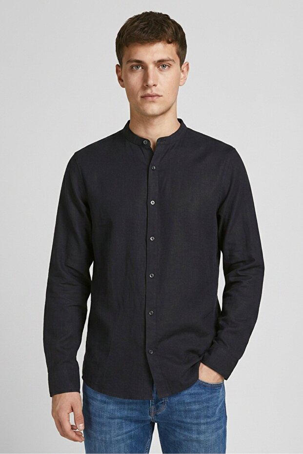 Men Regular Fit Plain Long Sleeve Casual Shirt, Black