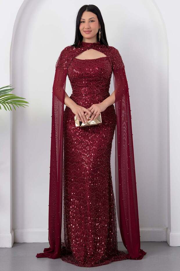 Strapless Neckline Beaded Shawl Detail Dress Etk503