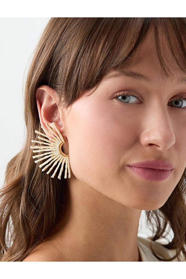 Gold Color Wicker Textured Fan Earrings