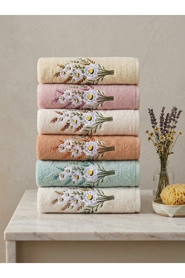 Floris Embroidered 6 Towels | Towel Set | Towel Set | Hand and Face Towel | Dowry Towel | Guest Towel
