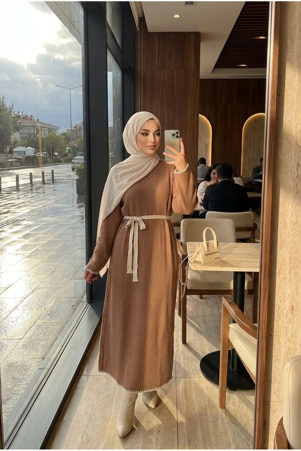 Women's Belted Ribbed Long Knitwear Dress Contrast Ribbed Hijab Dress