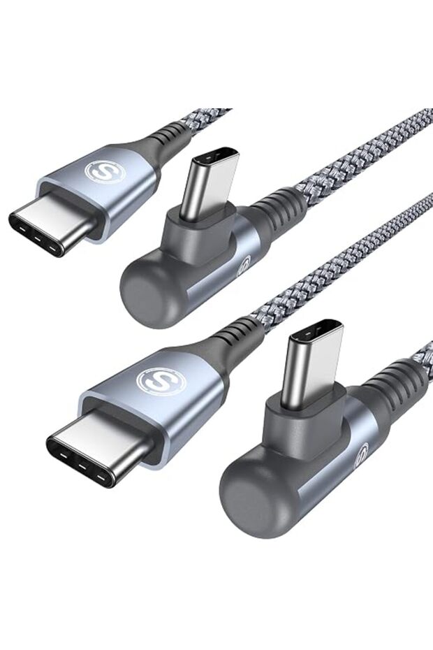 كابل USB C إلى USB C بزاوية 90 درجة [عبوة من قطعتين، 2 متر] كابل Type-C للشحن السريع 60 واط لهواتف آيفون 17/16/15