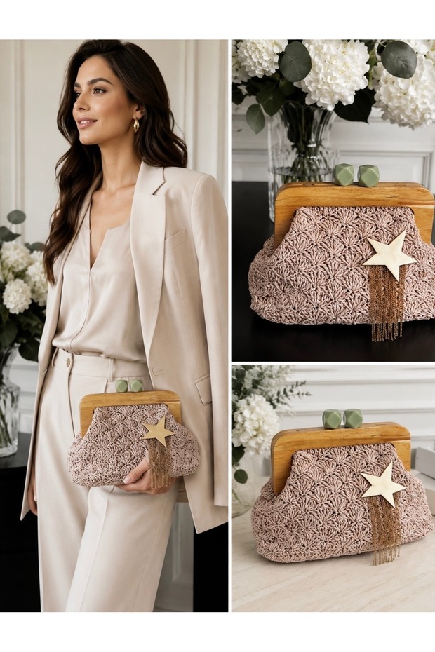 Hand Knitted Women's Clutch Bag with Powder Wood Frame and Star and Chain Detail Portfolio Bag