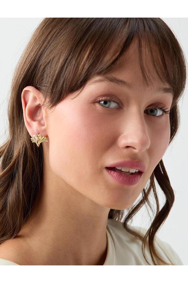 Gold Color Stone Detailed Leaf Figured Earrings