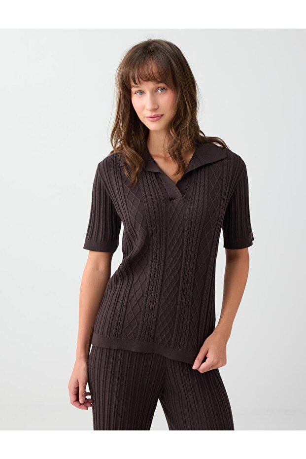 Bitter Brown Polo Collar Short Sleeve Textured Knit Sweater