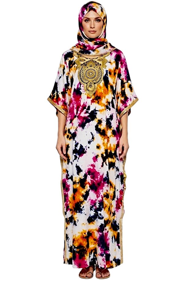 Womens Elegant Printed Kaftan with Matching Scarf