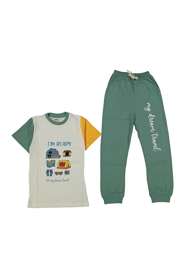 Boy's Ecru Green Collared Camping Printed Pajama Set