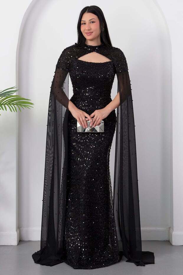 Strapless Neckline Beaded Shawl Detail Dress Etk503