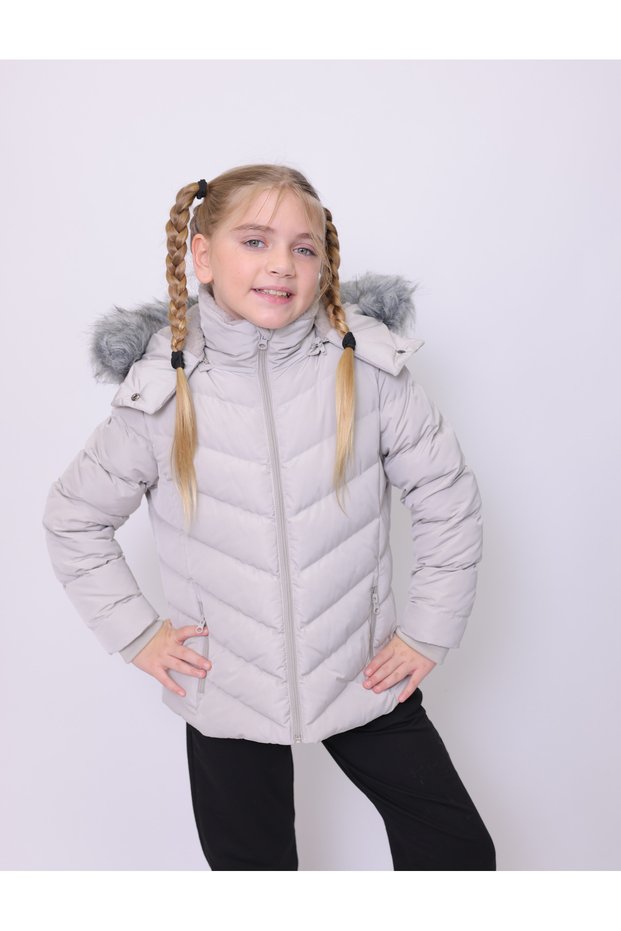 Children's coat removable hooded plush detailed girl's coat