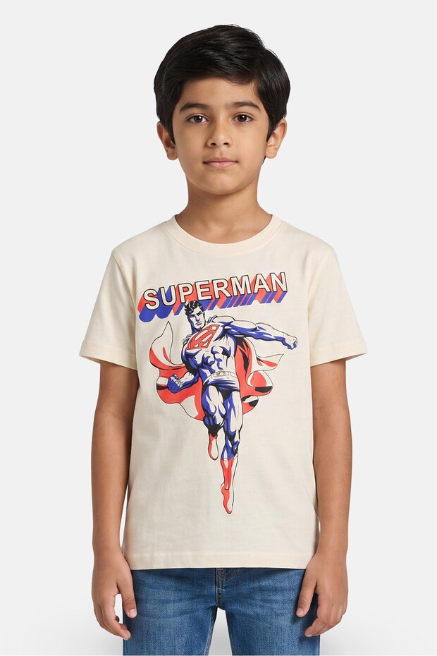 Kids Boy Crew Neck Short Sleeve Superman Print T-Shirt, Cream