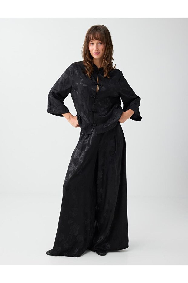 Black Shiny Jacquard Patterned Long Wide-Leg Trousers