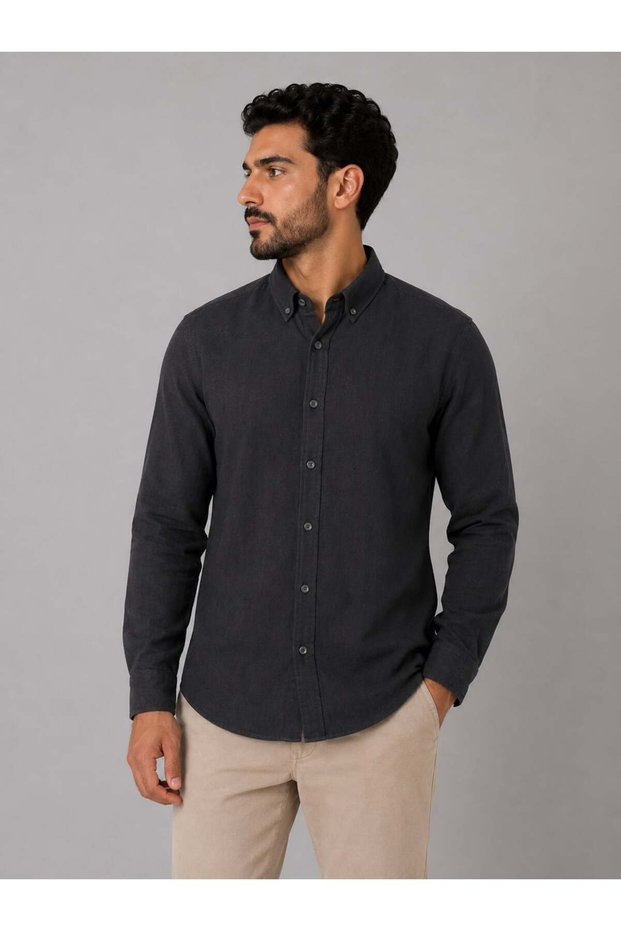 Men's Slimfit Plain Flam Long Sleeve Shirt 500