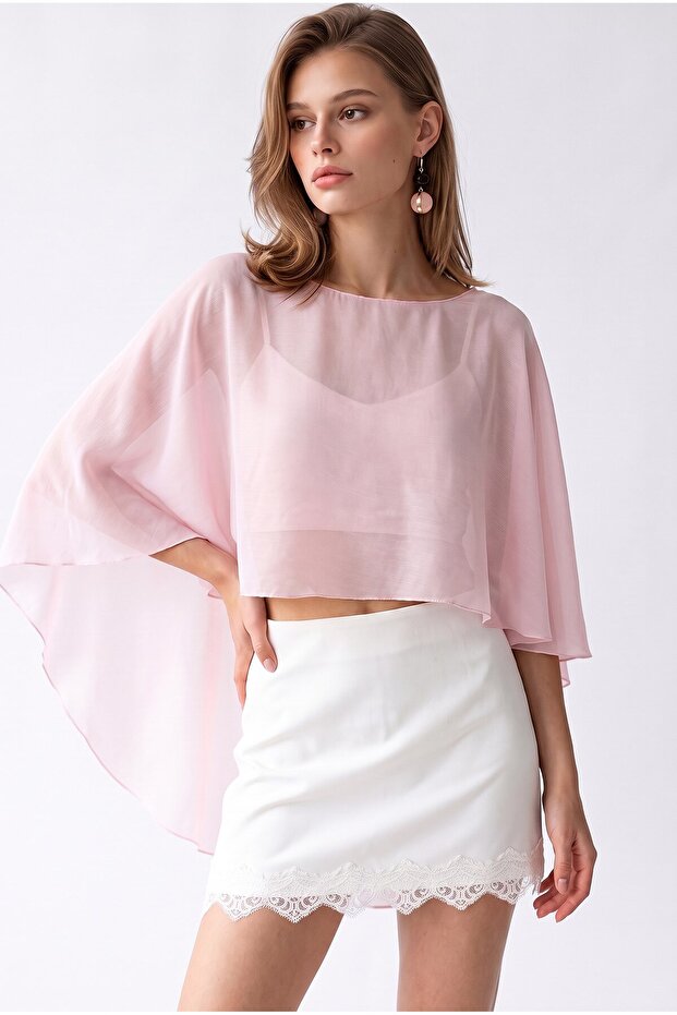2148 Women's Transparent Thin Draped Bat Sleeve Tulle Blouse Pink