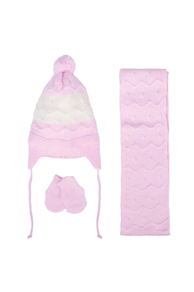 Baby Girl Pink White Wave Patterned Knitwear Scarf Beanie Set