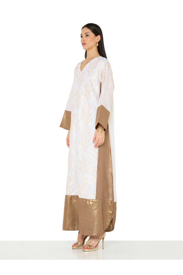 Beige A-Line Maxi Jalabiya with Golden Embroidery