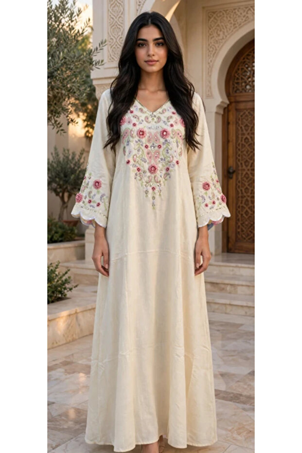 Paisley Embroidered V Neck Jalabiya with Scalloped Sleeves