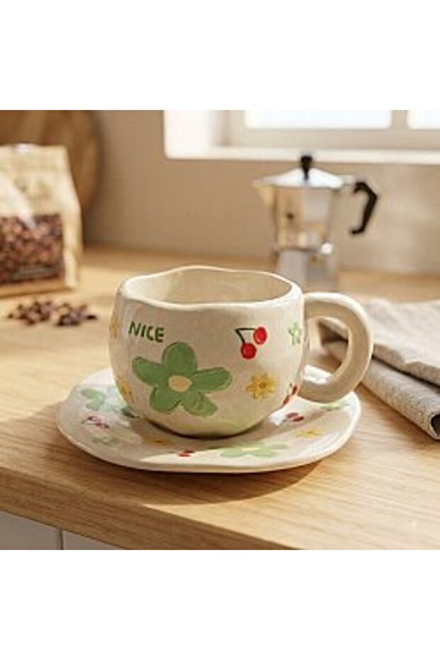 Designed Cream Turkish Coffee Cup with Green Floral Design - Gift Ceramic Turkish Coffee Cup